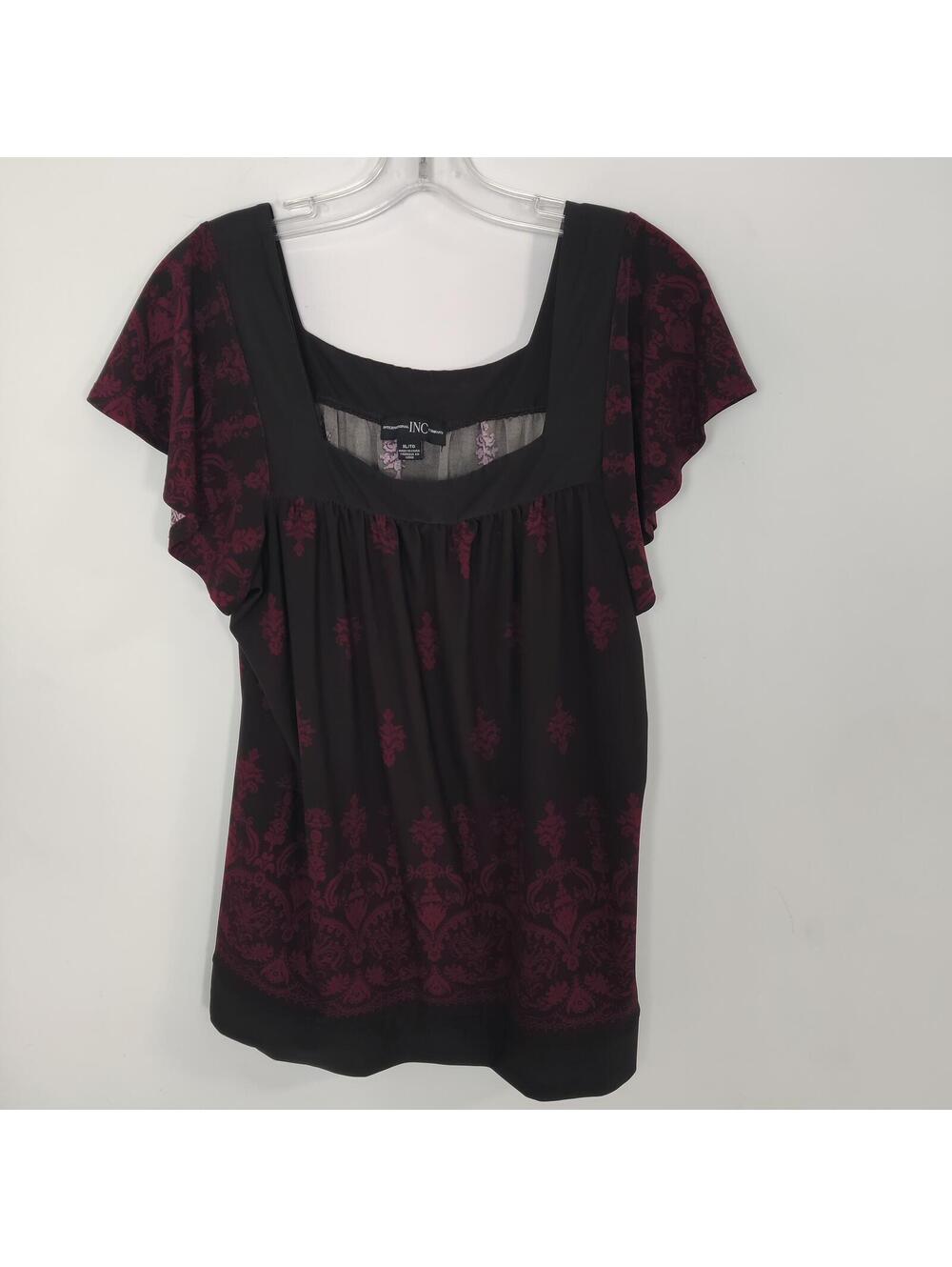 INC International Concepts XL Black Burgundy Damask Short Sleeve Top